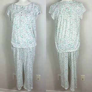 Eileen West Lace Trim Pyjama Set Floral Print Womens Size Medium Modal Wide Leg